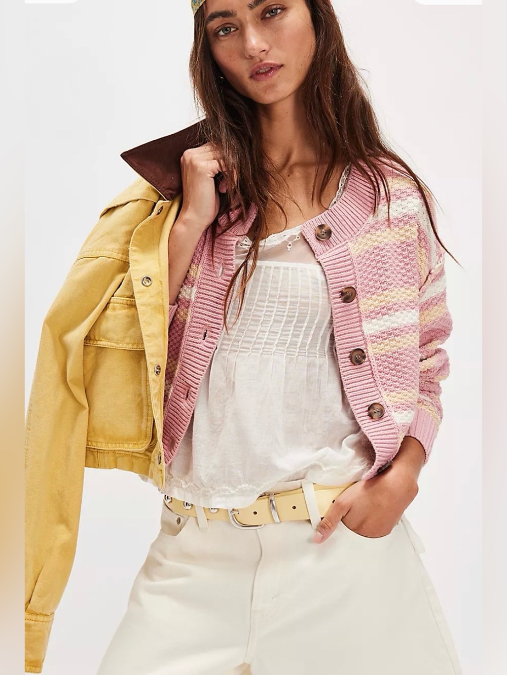 NWT Free People Lila Stripe Cardigan in Pink Combo - Picture 2 of 4